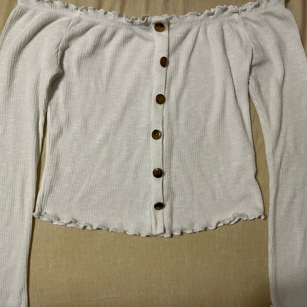Off-The-Shoulder white crop top with gold buttons, ruffles